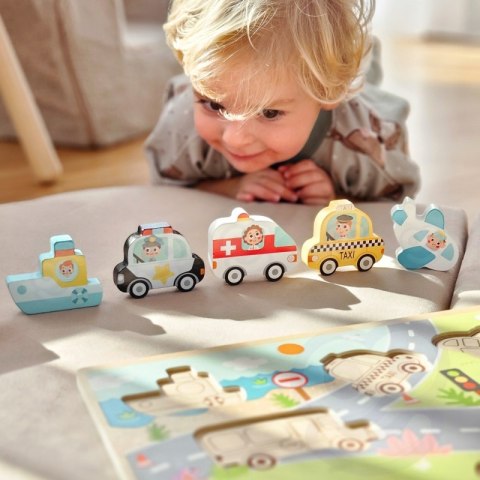 TOOKY TOY Drewniane Puzzle Montessori Pojazdy Samochody Samolot Statek Miasto Dopasuj Kształty TOOKY TOY Drewniane Puzzle Montessori Pojazdy Samochody Samolot Statek Miasto Dopasuj Kształty